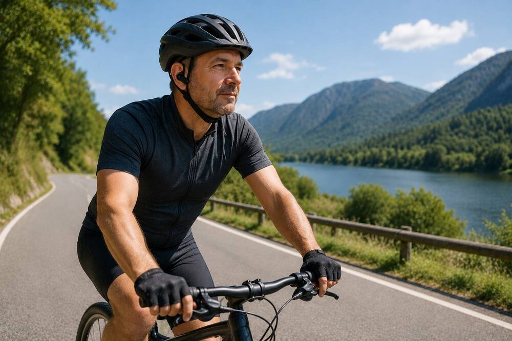 Cyclist wearing a helmet and wireless earpiece, riding on a scenic road