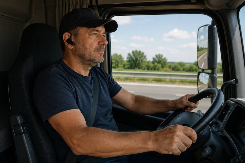 Truck driver behind the wheel wearing a wireless earpiece
