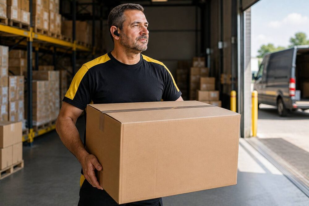 Warehouse worker carrying a box with a wireless earpiece, hands full
