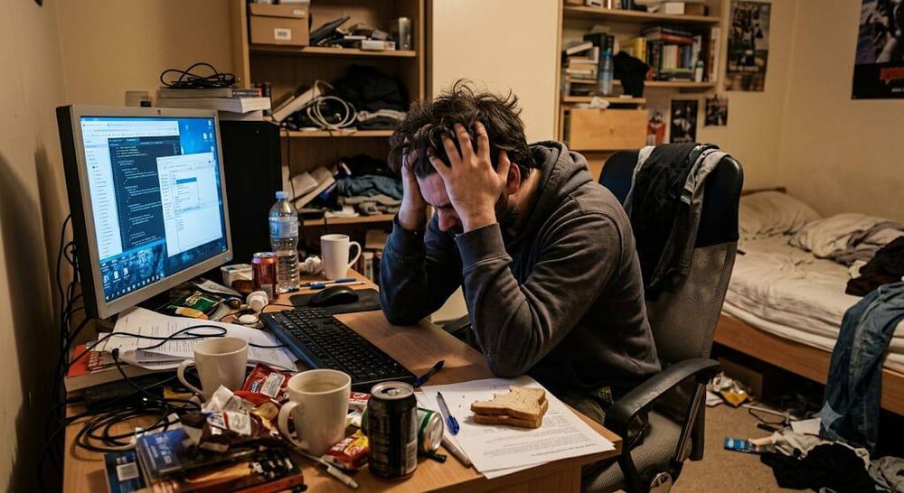 Stressed man overwhelmed at a cluttered desk with his computer