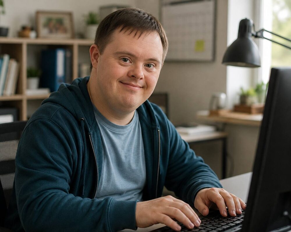 Man smiling while working on a computer